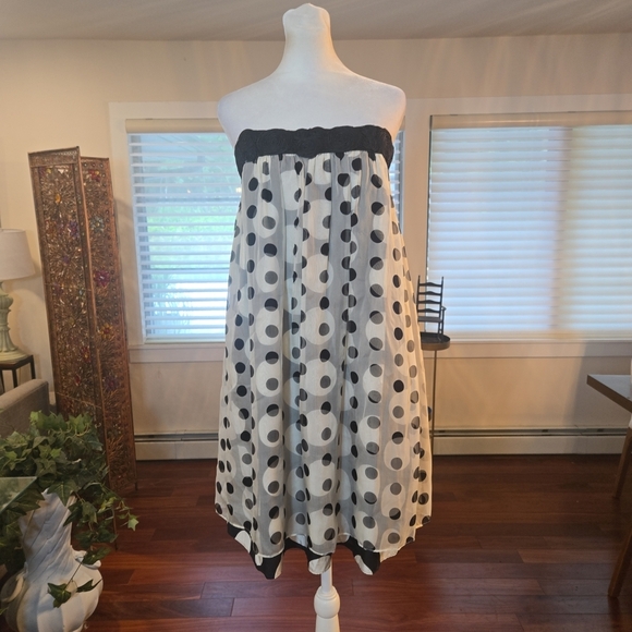 100% Silk Rosette Floral Polka Dot Layered Strapless Party Dress Black White 10